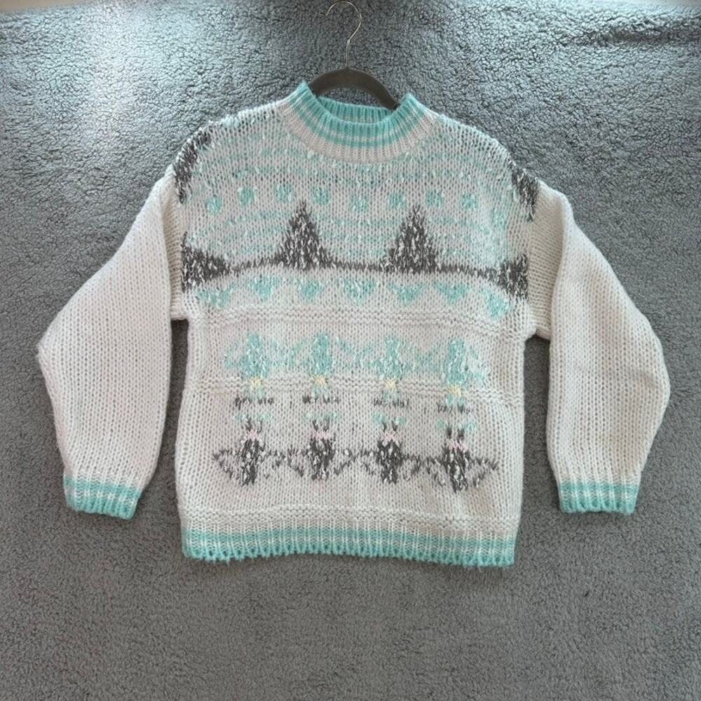 VTG Helium 80's Women's Large Knit Sweater Crew Neck White‎ / Gray / Blue